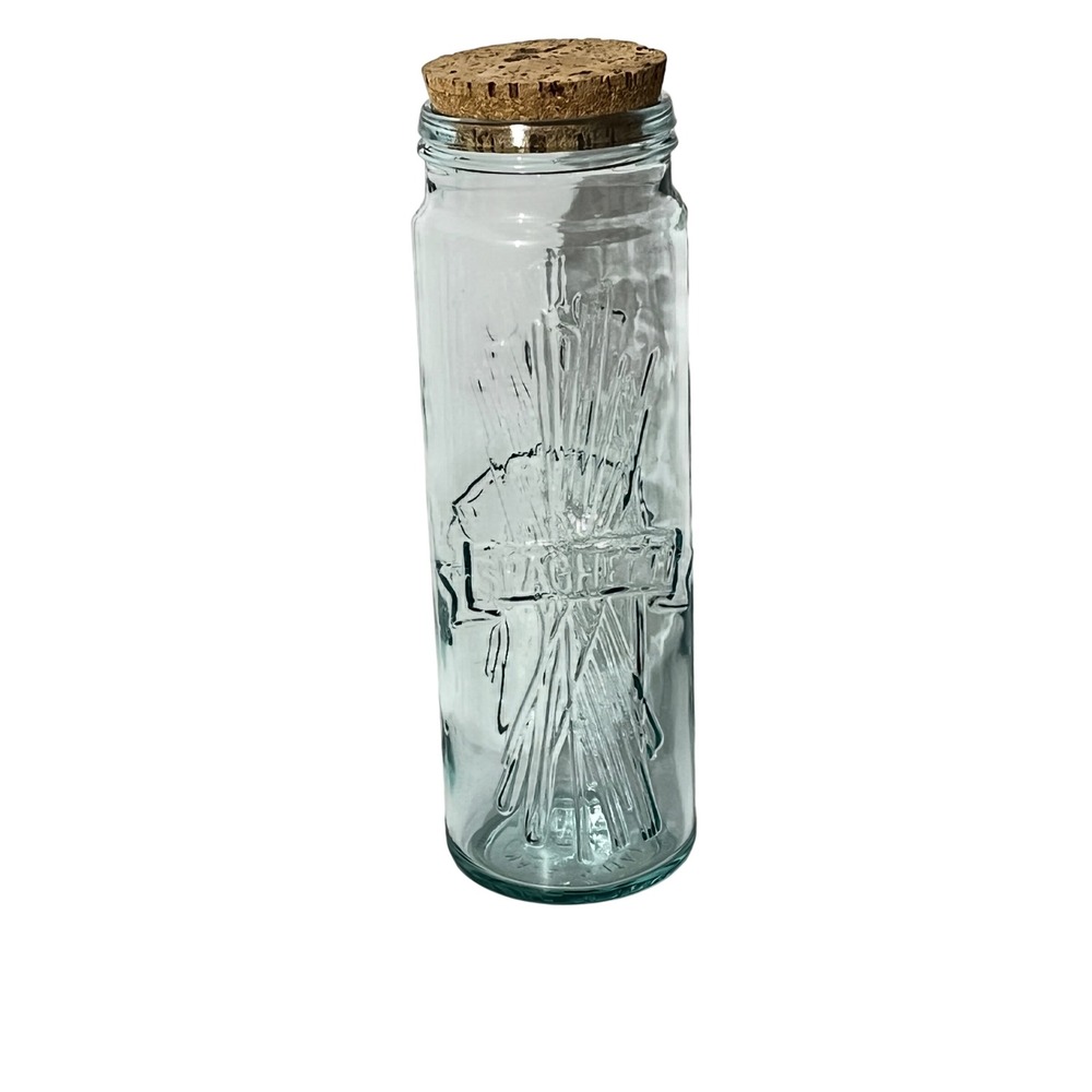 Vintage Glass Spaghetti Canister Made in Italy Clear Blue Tint Cork Lid 12.5"